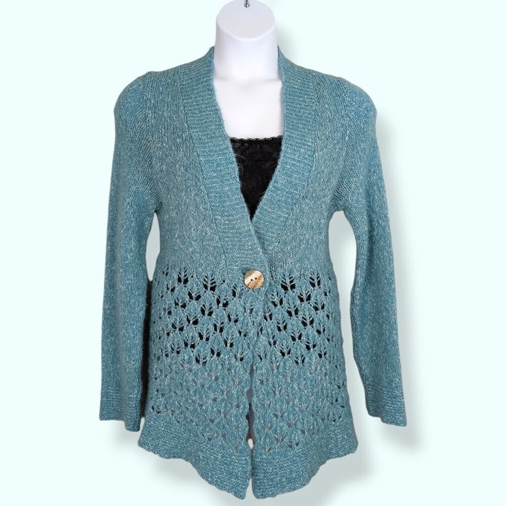 Parkhurst Teal Open-Knit Button Front Cardigan